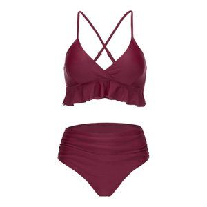 Sexy Maroon Halter Cross Back Top w/ Ruched Bikini Bottom Size Med NWOT #1015-A